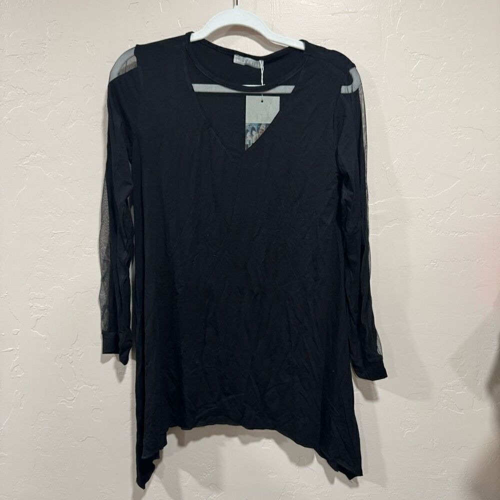 Milan Kiss New Black Long Blouse with sheer sleeve stripe size small